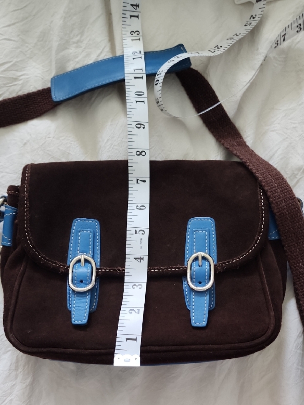 Brown Suede Crossbody Bag with Blue Trim - Picture 2 of 14